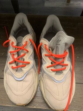 adidas size 6.5 Beige Sneakers with Neon Orange Laces.. like new !!